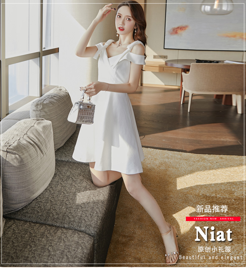 KM CK 宴会气质平时可穿显瘦吊带一字肩连衣裙白色小晚礼服裙(pic1)