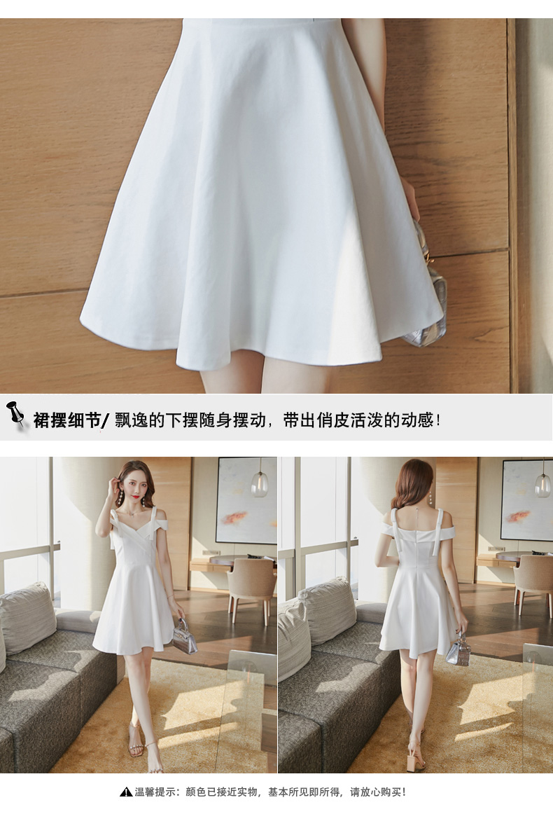 KM CK 宴会气质平时可穿显瘦吊带一字肩连衣裙白色小晚礼服裙(pic4)